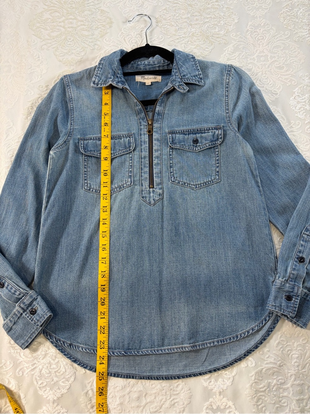 Madewell Denim Chambray Popover Half Zip Denim Shirt Light Wash Distressed XS - Picture 8 of 9